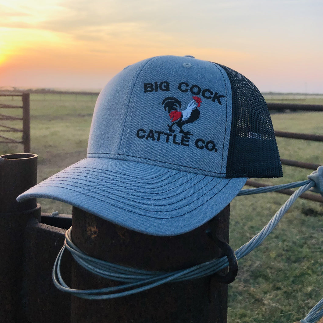 Adjustable Snapback Trucker hat with signature Big Cock Cattle Co logo Heather Grey/Black