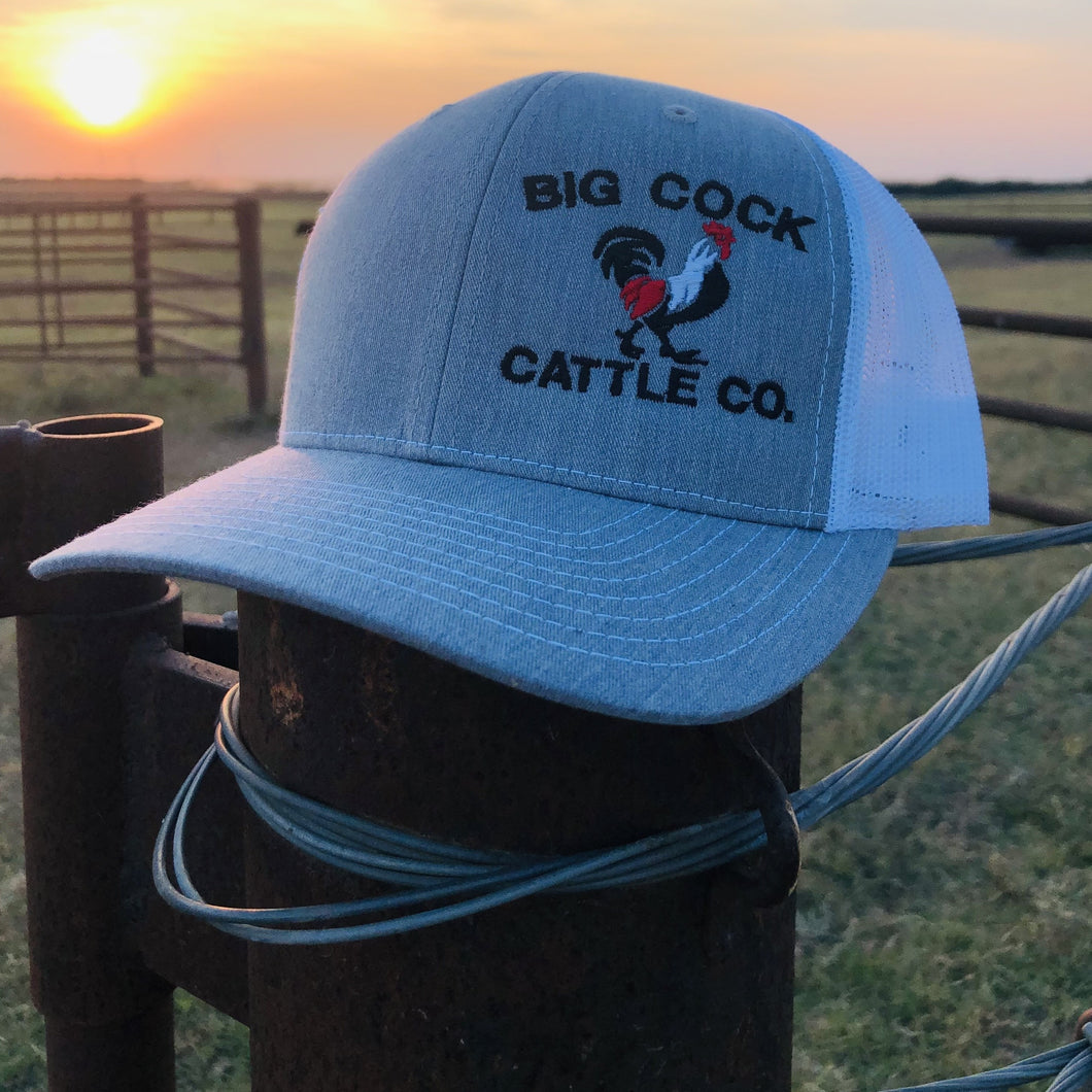 Adjustable Snapback Trucker hat with signature Big Cock Cattle Co logo Grey/White