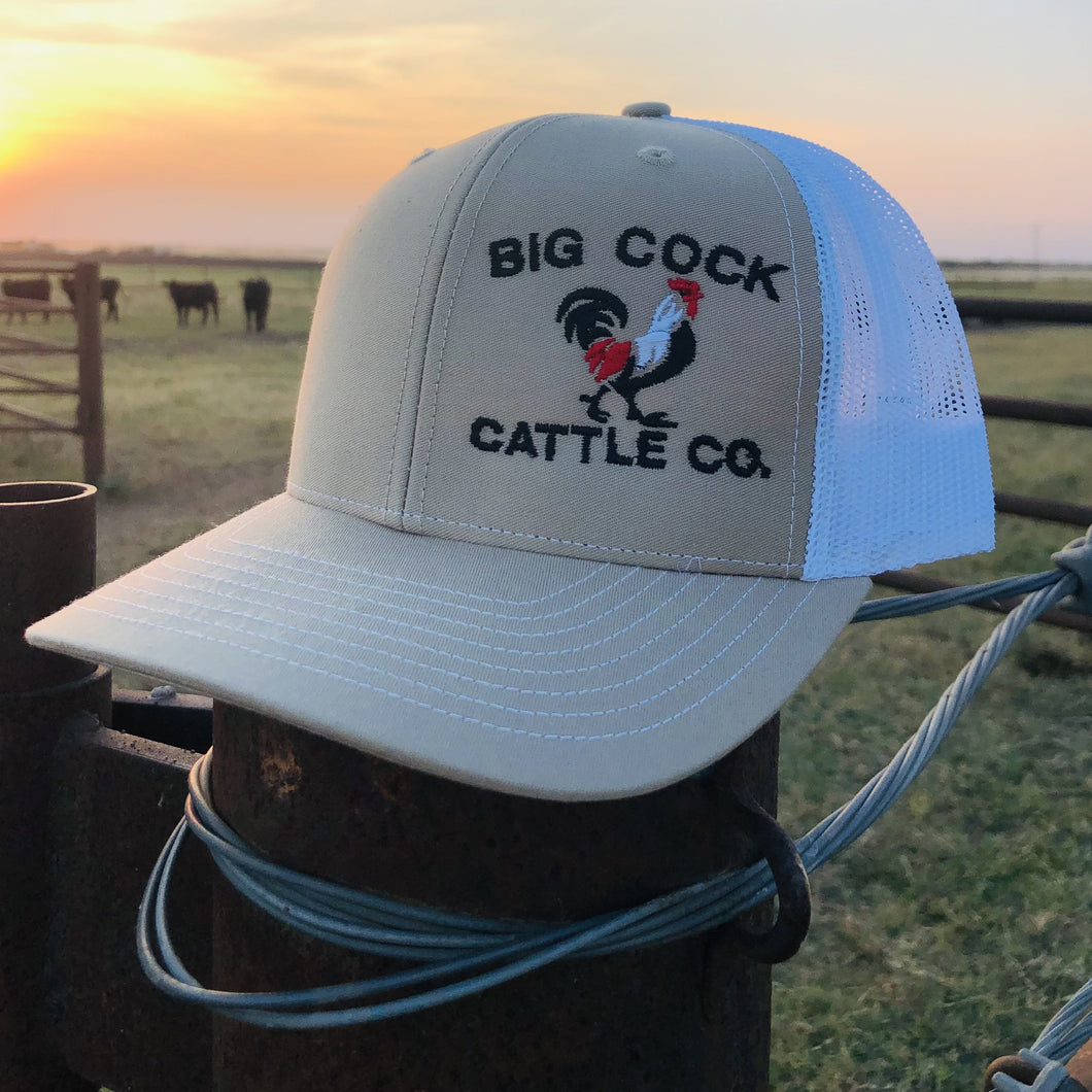 Adjustable Snapback Trucker hat with signature Big Cock Cattle Co logo Khaki/White